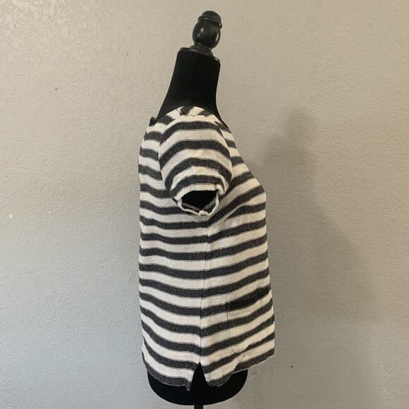 New York & Company Blouse Small Black White Striped Zipper Cotton Blend - Picture 4 of 9